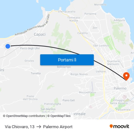 Via Chiovaro, 13 to Palermo Airport map