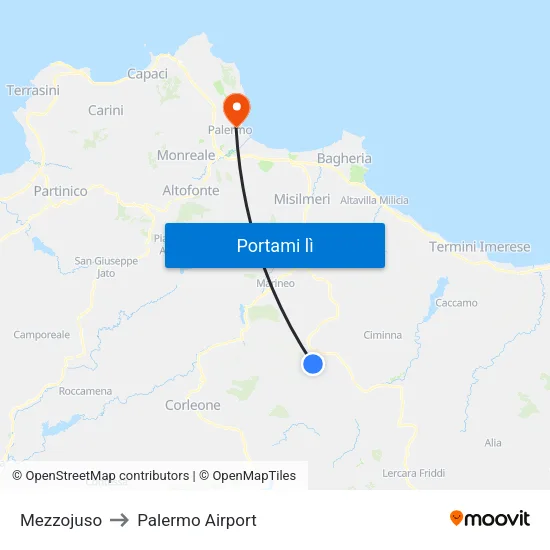 Mezzojuso to Palermo Airport map