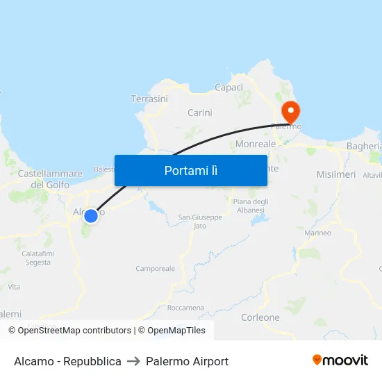 Alcamo - Repubblica to Palermo Airport map