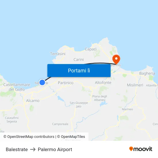 Balestrate to Palermo Airport map