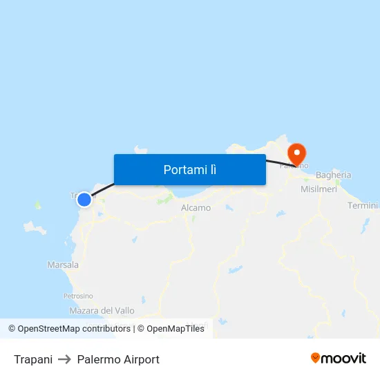 Trapani to Palermo Airport map