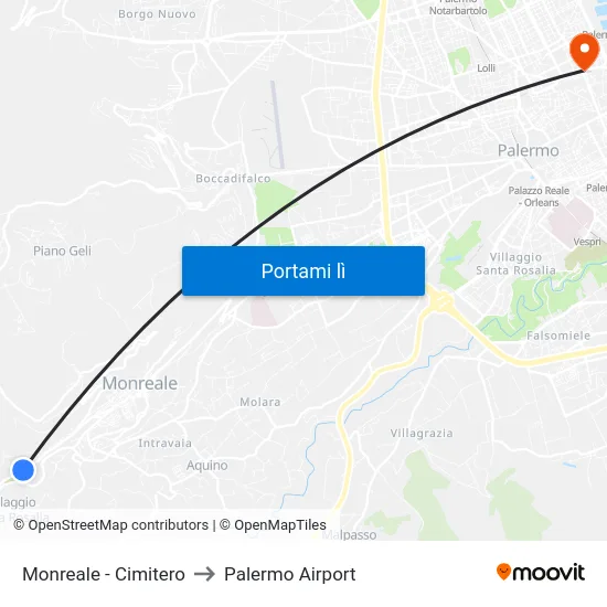 Monreale - Cimitero to Palermo Airport map