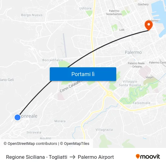 Regione Siciliana - Togliatti to Palermo Airport map