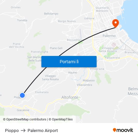 Pioppo to Palermo Airport map