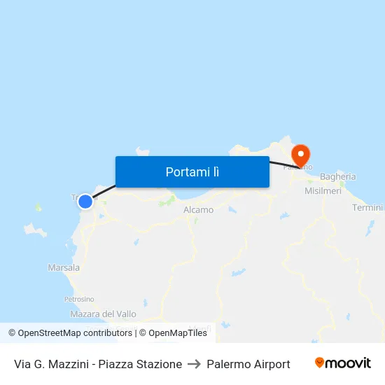 Via G. Mazzini - Piazza Stazione to Palermo Airport map
