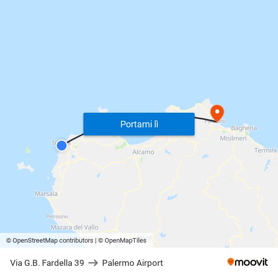Via G.B. Fardella 39 to Palermo Airport map