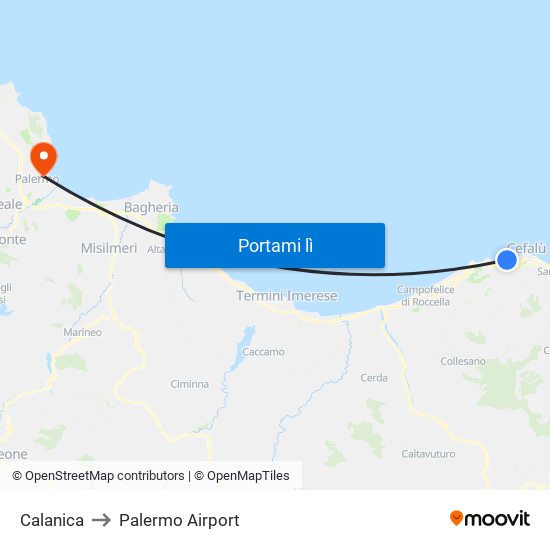 Calanica to Palermo Airport map