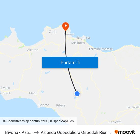 Bivona - P.za Marconi to Azienda Ospedaliera Ospedali Riuniti Villa Sofia - Cervello map