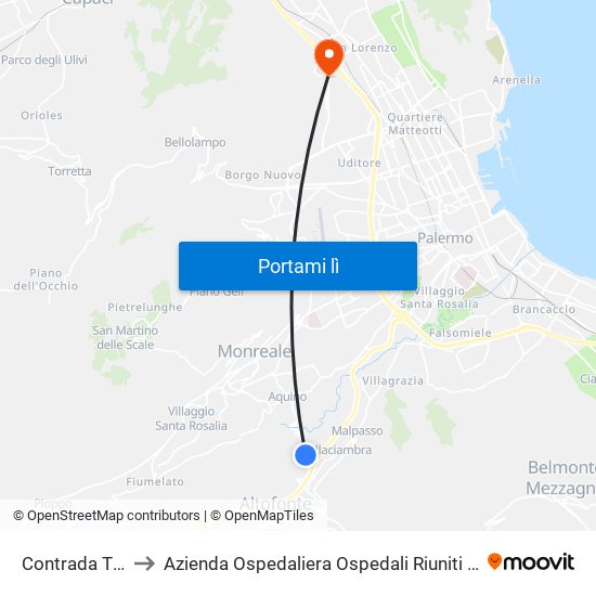 Contrada Timpone to Azienda Ospedaliera Ospedali Riuniti Villa Sofia - Cervello map