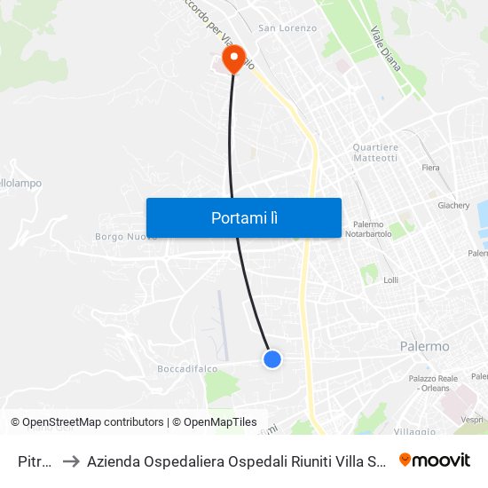 Pitre' 3 to Azienda Ospedaliera Ospedali Riuniti Villa Sofia - Cervello map