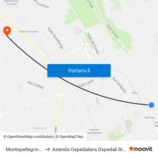 Montepellegrino - Montalbo to Azienda Ospedaliera Ospedali Riuniti Villa Sofia - Cervello map