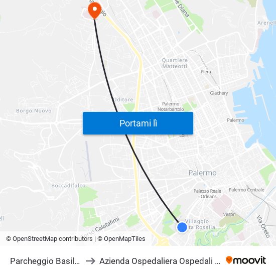 Parcheggio Basile Corsia Esterna to Azienda Ospedaliera Ospedali Riuniti Villa Sofia - Cervello map