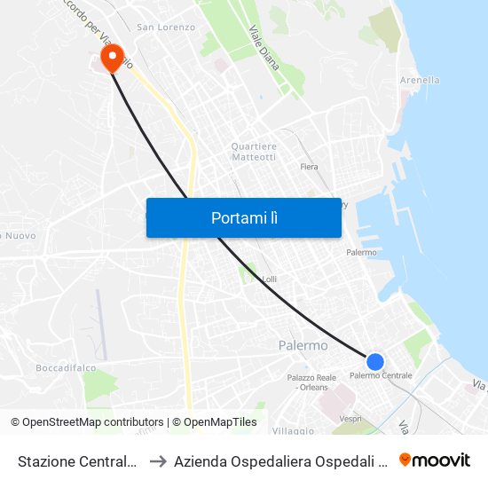 Stazione Centrale - Giulio Cesare to Azienda Ospedaliera Ospedali Riuniti Villa Sofia - Cervello map