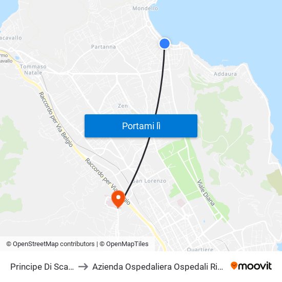 Principe Di Scalea - Valdesi to Azienda Ospedaliera Ospedali Riuniti Villa Sofia - Cervello map