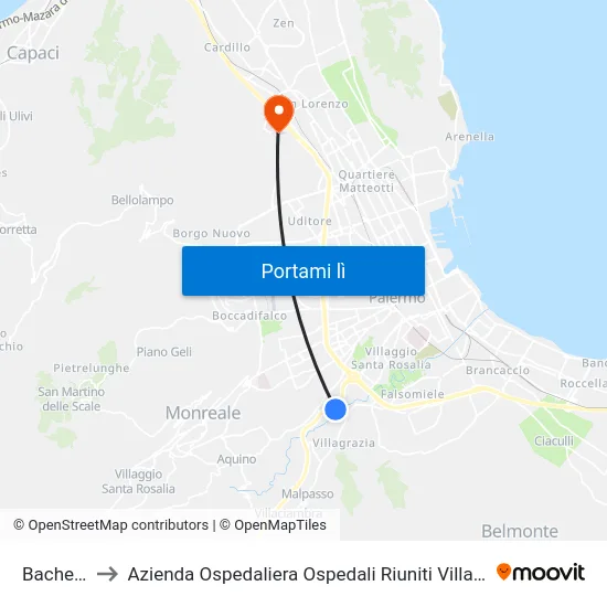 Bachelet 1 to Azienda Ospedaliera Ospedali Riuniti Villa Sofia - Cervello map