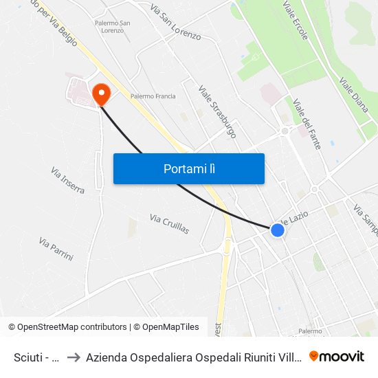 Sciuti - Lazio to Azienda Ospedaliera Ospedali Riuniti Villa Sofia - Cervello map