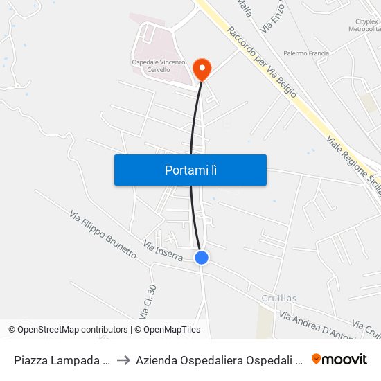 Piazza Lampada Della Fraternita' to Azienda Ospedaliera Ospedali Riuniti Villa Sofia - Cervello map