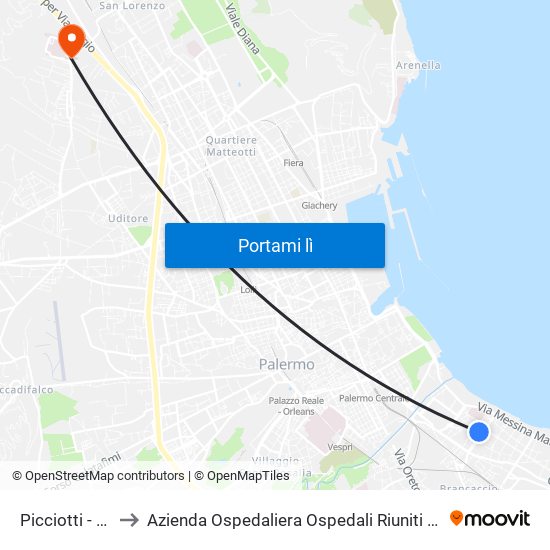 Picciotti - D'Aosta to Azienda Ospedaliera Ospedali Riuniti Villa Sofia - Cervello map