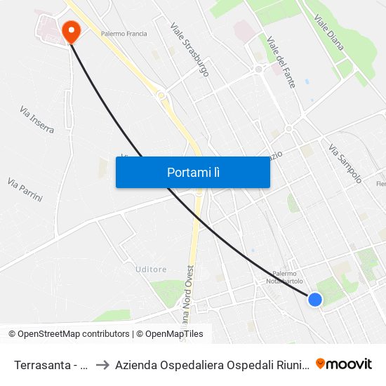 Terrasanta - Randazzo to Azienda Ospedaliera Ospedali Riuniti Villa Sofia - Cervello map