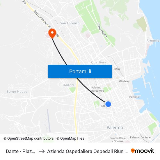 Dante - Piazza Virgilio to Azienda Ospedaliera Ospedali Riuniti Villa Sofia - Cervello map