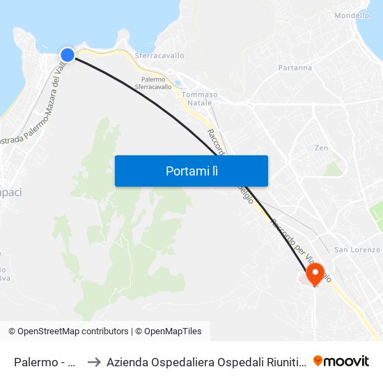 Palermo - Camping to Azienda Ospedaliera Ospedali Riuniti Villa Sofia - Cervello map