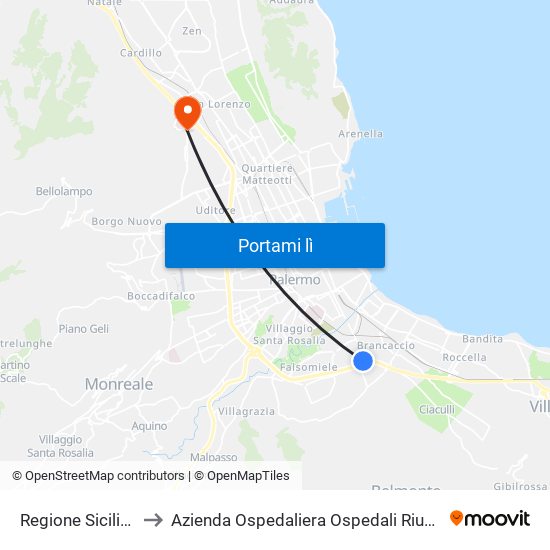 Regione Siciliana - Oreto to Azienda Ospedaliera Ospedali Riuniti Villa Sofia - Cervello map