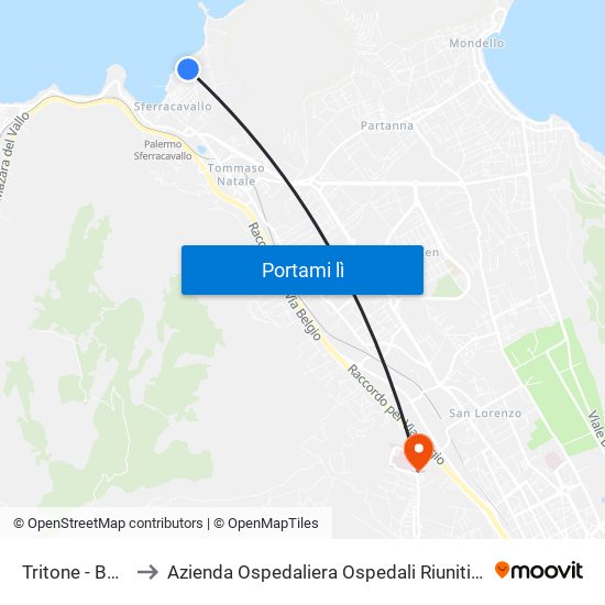 Tritone - Barcarello to Azienda Ospedaliera Ospedali Riuniti Villa Sofia - Cervello map