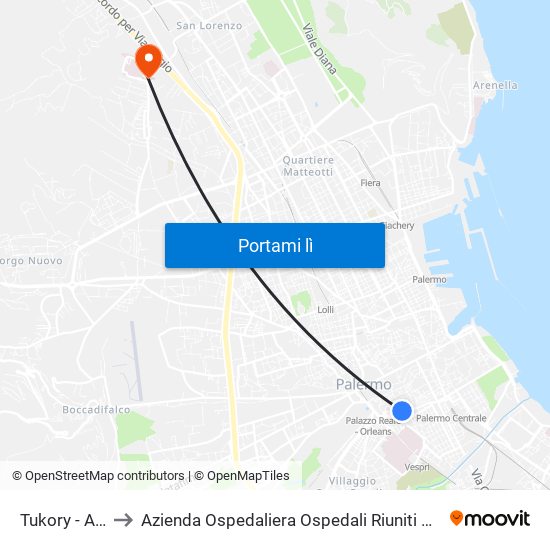 Tukory - Arcoleo to Azienda Ospedaliera Ospedali Riuniti Villa Sofia - Cervello map