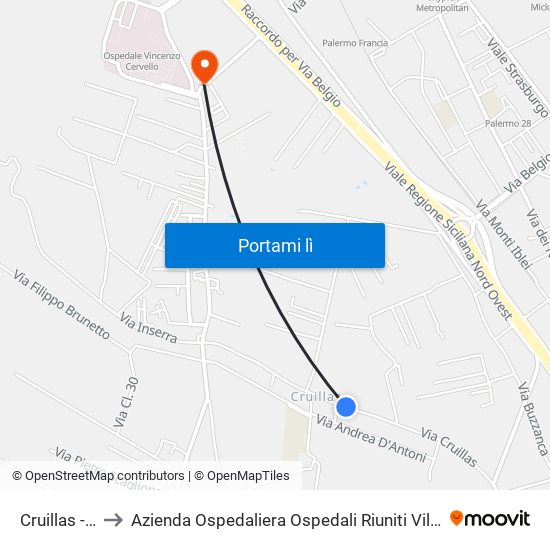 Cruillas - Oner to Azienda Ospedaliera Ospedali Riuniti Villa Sofia - Cervello map