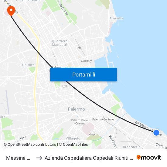 Messina Marine 4 to Azienda Ospedaliera Ospedali Riuniti Villa Sofia - Cervello map