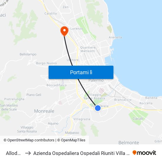 Allodola 1 to Azienda Ospedaliera Ospedali Riuniti Villa Sofia - Cervello map