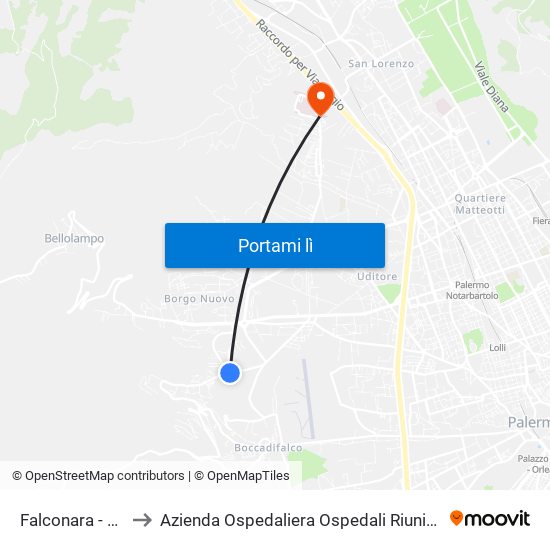 Falconara - S. Isidoro to Azienda Ospedaliera Ospedali Riuniti Villa Sofia - Cervello map