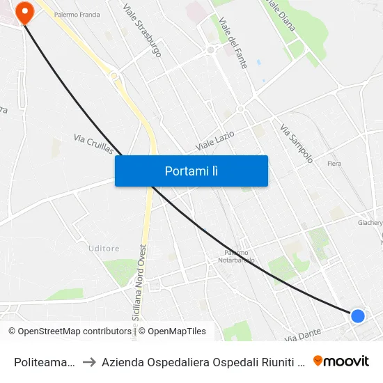 Politeama - Turati to Azienda Ospedaliera Ospedali Riuniti Villa Sofia - Cervello map