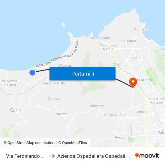 Via Ferdinando Magellano, 175 to Azienda Ospedaliera Ospedali Riuniti Villa Sofia - Cervello map