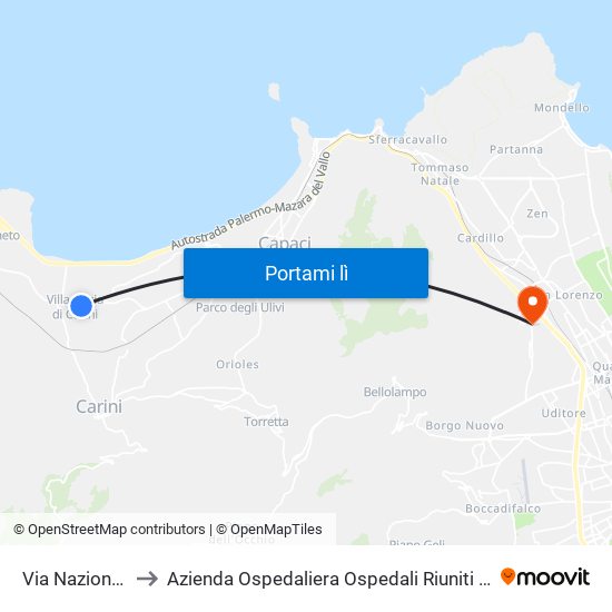 Via Nazionale, 229 to Azienda Ospedaliera Ospedali Riuniti Villa Sofia - Cervello map