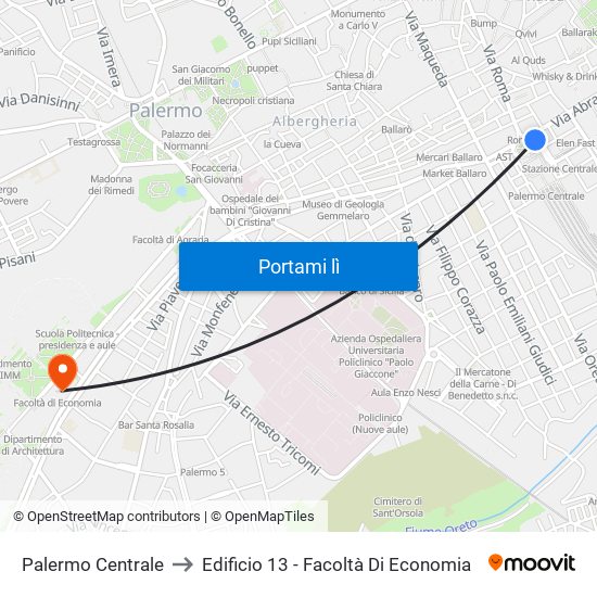 Palermo Centrale to Edificio 13 - Facoltà Di Economia map