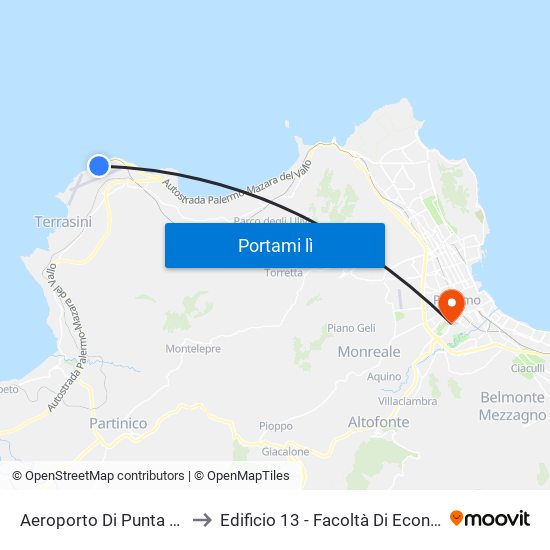 Aeroporto Di Punta Raisi to Edificio 13 - Facoltà Di Economia map