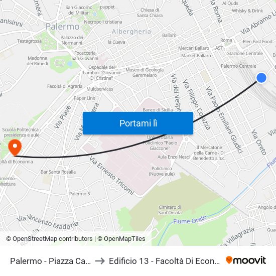 Palermo - Piazza Cairoli to Edificio 13 - Facoltà Di Economia map