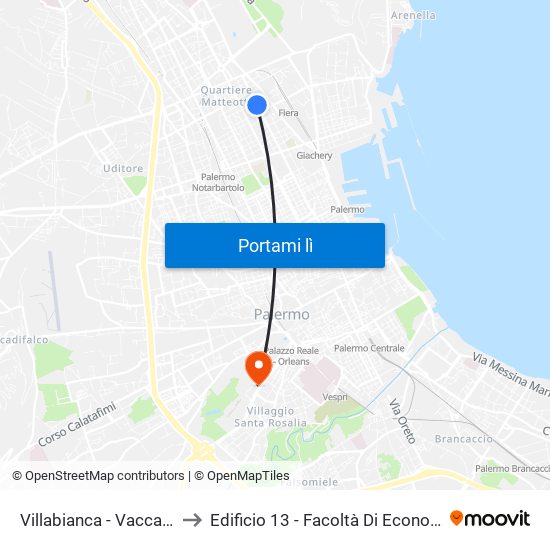 Villabianca - Vaccarini to Edificio 13 - Facoltà Di Economia map