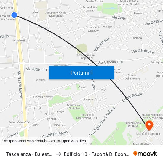 Tascalanza - Balestrate to Edificio 13 - Facoltà Di Economia map