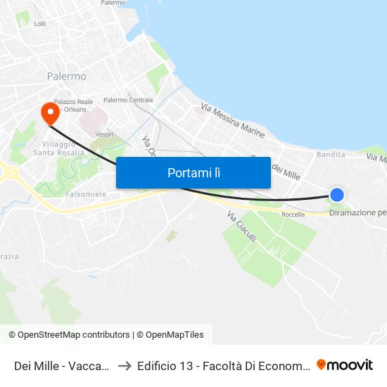 Dei Mille - Vaccaro to Edificio 13 - Facoltà Di Economia map