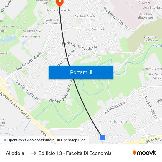 Allodola 1 to Edificio 13 - Facoltà Di Economia map