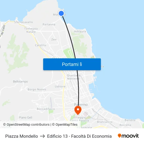Piazza Mondello to Edificio 13 - Facoltà Di Economia map