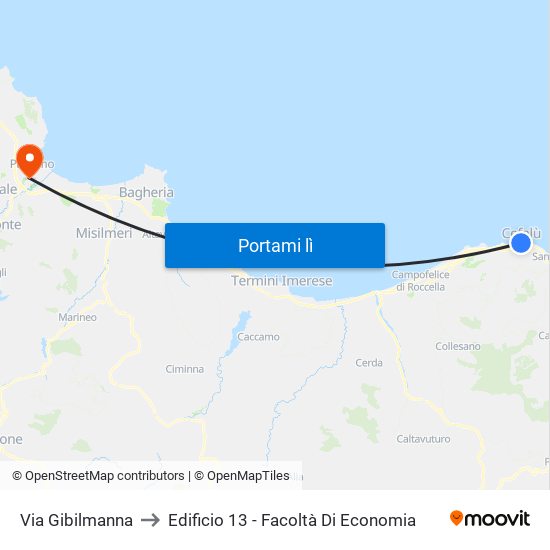 Via Gibilmanna to Edificio 13 - Facoltà Di Economia map