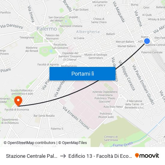 Stazione Centrale Palermo to Edificio 13 - Facoltà Di Economia map