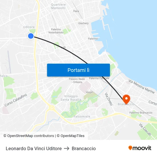 Leonardo Da Vinci Uditore to Brancaccio map