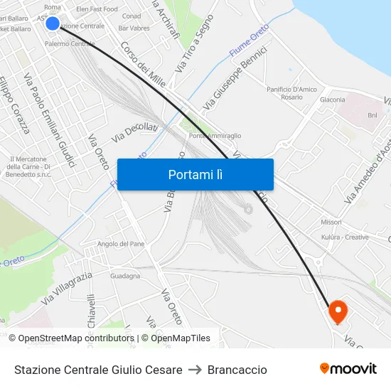 Stazione Centrale Giulio Cesare to Brancaccio map