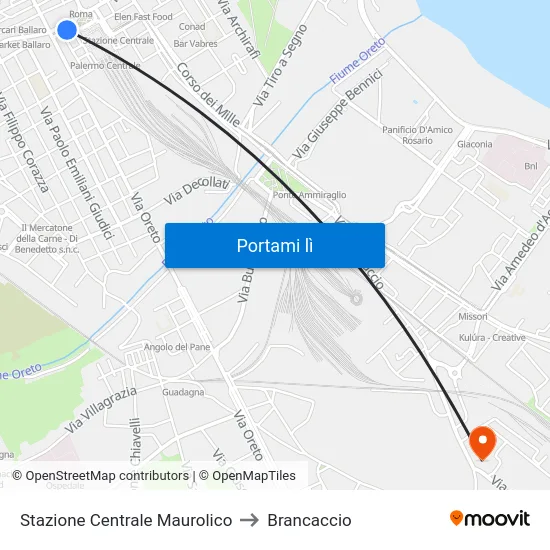 Stazione Centrale Maurolico to Brancaccio map