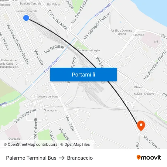 Palermo Terminal Bus to Brancaccio map