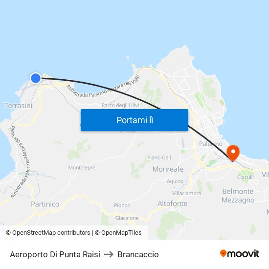 Aeroporto Di Punta Raisi to Brancaccio map